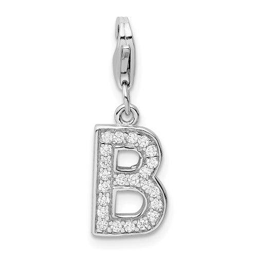 Amore La Vita Sterling Silver Rhodium-plated Polished CZ Letter B Initial Charm with Fancy Lobster Clasp, 33 x 8mm