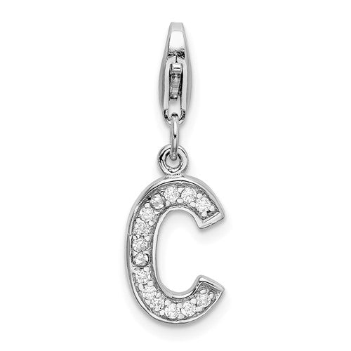 Amore La Vita Sterling Silver Rhodium-plated Polished CZ Letter C Initial Charm with Fancy Lobster Clasp, 33 x 8mm