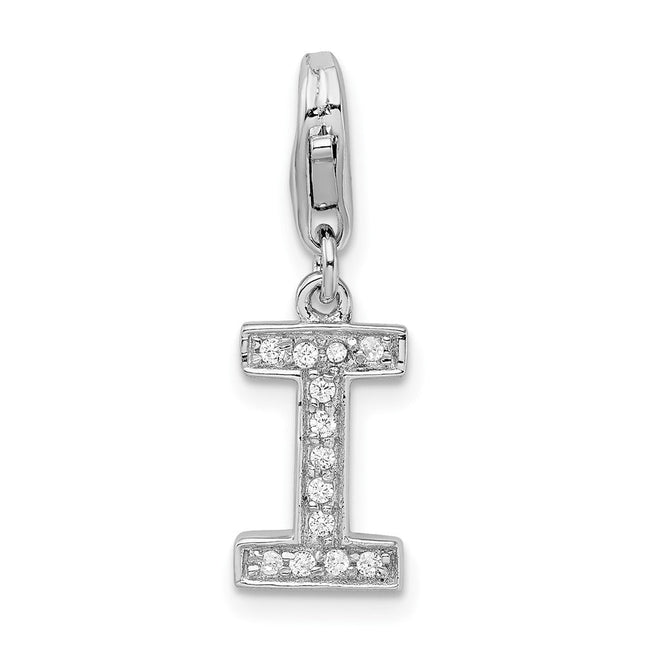 Amore La Vita Sterling Silver Rhodium-plated Polished CZ Letter I Initial Charm with Fancy Lobster Clasp, 11 x 8mm