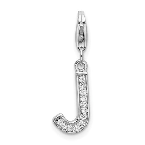 Amore La Vita Sterling Silver Rhodium-plated Polished CZ Letter J Initial Charm with Fancy Lobster Clasp, 11 x 8mm