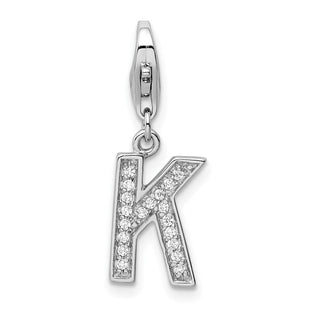 Amore La Vita Sterling Silver Rhodium-plated Polished CZ Letter K Initial Charm with Fancy Lobster Clasp (Style QCC105K)