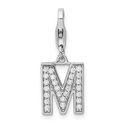 Amore La Vita Sterling Silver Rhodium-plated Polished CZ Letter M Initial Charm with Fancy Lobster Clasp, 11 x 8mm