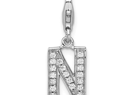 Amore La Vita Sterling Silver Rhodium-plated Polished CZ Letter N Initial Charm with Fancy Lobster Clasp