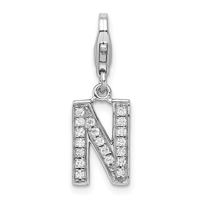 Amore La Vita Sterling Silver Rhodium-plated Polished CZ Letter N Initial Charm with Fancy Lobster Clasp, 11 x 8mm