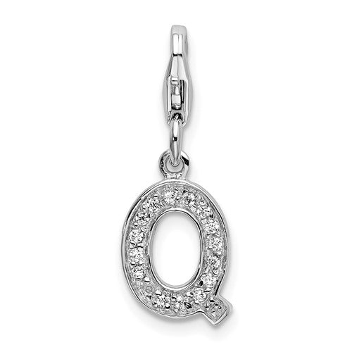Amore La Vita Sterling Silver Rhodium-plated Polished CZ Letter Q Initial Charm with Fancy Lobster Clasp, 11 x 8mm