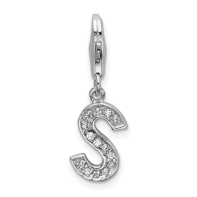 Amore La Vita Sterling Silver Rhodium-plated Polished CZ Letter S Initial Charm with Fancy Lobster Clasp, 11 x 8mm