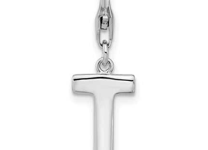 Amore La Vita Sterling Silver Rhodium-plated Polished CZ Letter T Initial Charm with Fancy Lobster Clasp, 11 x 8mm