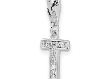 Amore La Vita Sterling Silver Rhodium-plated Polished CZ Letter T Initial Charm with Fancy Lobster Clasp, 11 x 8mm
