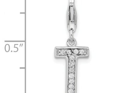 Amore La Vita Sterling Silver Rhodium-plated Polished CZ Letter T Initial Charm with Fancy Lobster Clasp, 11 x 8mm