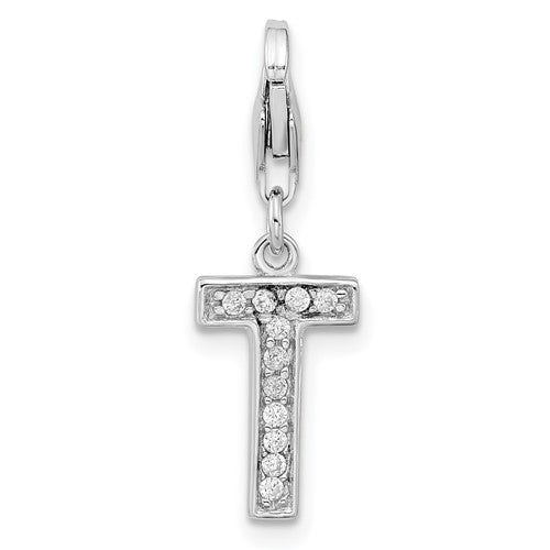 Amore La Vita Sterling Silver Rhodium-plated Polished CZ Letter T Initial Charm with Fancy Lobster Clasp, 11 x 8mm