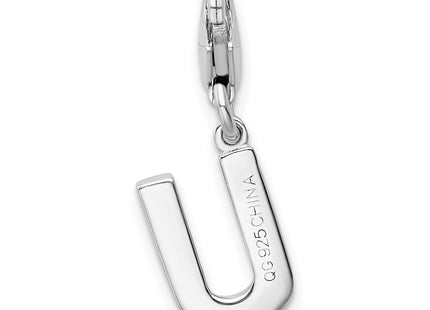 Amore La Vita Sterling Silver Rhodium-plated Polished CZ Letter U Initial Charm with Fancy Lobster Clasp, 11 x 8mm