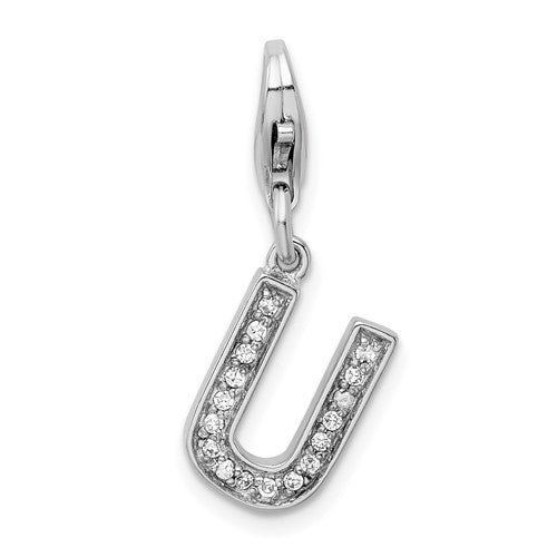 Amore La Vita Sterling Silver Rhodium-plated Polished CZ Letter U Initial Charm with Fancy Lobster Clasp, 11 x 8mm