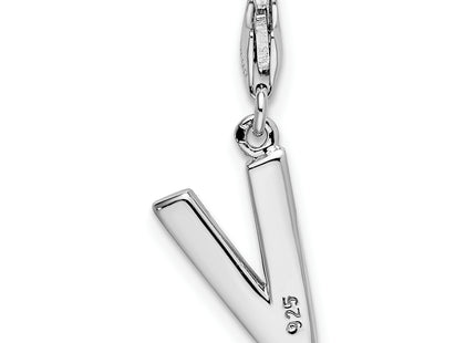 Amore La Vita Sterling Silver Rhodium-plated Polished CZ Letter V Initial Charm with Fancy Lobster Clasp, 11 x 8mm