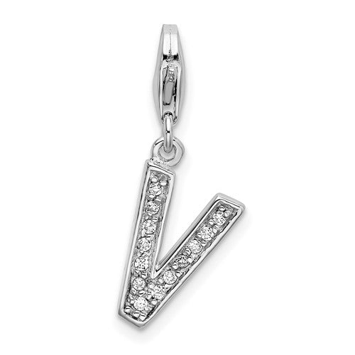 Amore La Vita Sterling Silver Rhodium-plated Polished CZ Letter V Initial Charm with Fancy Lobster Clasp, 11 x 8mm
