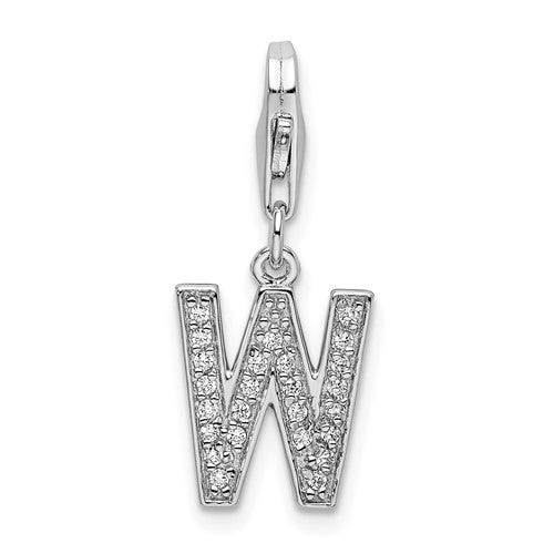 Amore La Vita Sterling Silver Rhodium-plated Polished CZ Letter W Initial Charm with Fancy Lobster Clasp, 11 x 8mm
