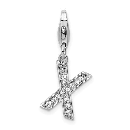 Amore La Vita Sterling Silver Rhodium-plated Polished CZ Letter X Initial Charm with Fancy Lobster Clasp, 11 x 8mm