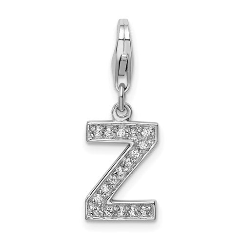 Amore La Vita Sterling Silver Rhodium-plated Polished CZ Letter Z Initial Charm with Fancy Lobster Clasp, 11 x 8mm