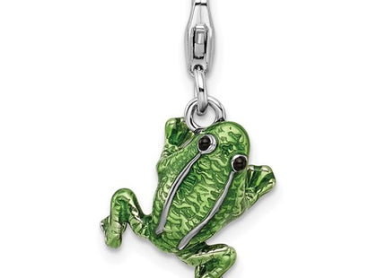 Amore La Vita Sterling Silver Rhodium-plated Polished 3-D Enameled Frog Charm with Fancy Lobster Clasp