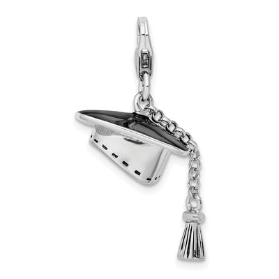 Amore La Vita Sterling Silver Rhodium-plated Polished 3-D Moveable Graduation Cap and Tassel Charm with Fancy Lobster Clasp