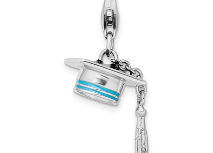 Amore La Vita Sterling Silver Rhodium-plated Polished 3-D Moveable Blue Enameled Graduation Cap Charm with Fancy Lobster Clasp