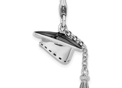 Amore La Vita Sterling Silver Rhodium-plated Polished 3-D Moveable Graduation Cap and Tassel Charm with Fancy Lobster Clasp