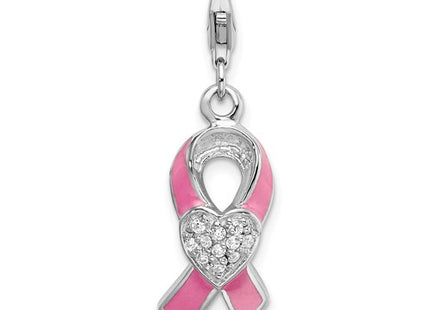 Amore La Vita Sterling Silver Rhodium-plated Polished 3-D Enameled With CZ Pink Awareness Ribbon and Heart Charm with Fancy Lobster Clasp