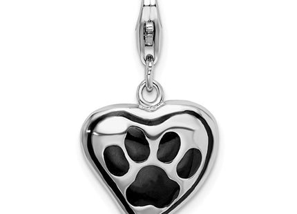 Amore La Vita Sterling Silver Rhodium-plated Polished Enameled Heart With Dog Paw Print Charm