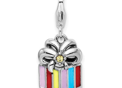 Amore La Vita Sterling Silver Rhodium-plated Polished Yellow Crystal Enameled Present Charm with Fancy Lobster Clasp