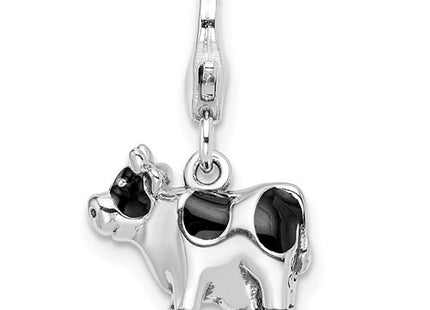 Amore La Vita Sterling Silver Rhodium-plated Polished 3-D Enameled Cow Charm with Fancy Lobster Clasp