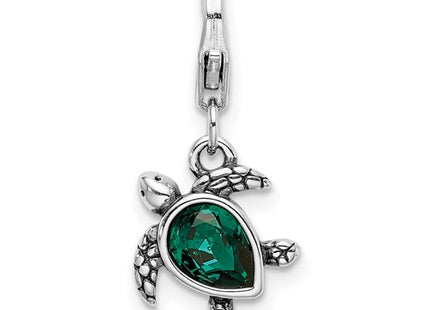 Amore La Vita Sterling Silver Rhodium-plated Polished 3-D Green Crystal Turtle Charm with Fancy Lobster Clasp