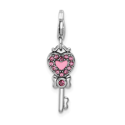 Amore La Vita Sterling Silver Rhodium-plated Polished 3-D Pink and Blue Crystal Enameled Reversible Heart Key Charm with Fancy Lobster Clasp