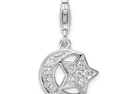 Amore La Vita Sterling Silver Rhodium-plated Polished CZ Moon and Star Charm with Fancy Lobster Clasp