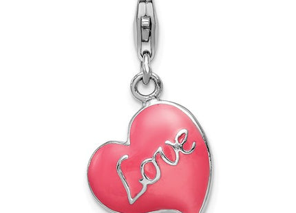 Amore La Vita Sterling Silver Rhodium-plated Polished 3-D Pink Enameled Love Heart Charm with Fancy Lobster Clasp
