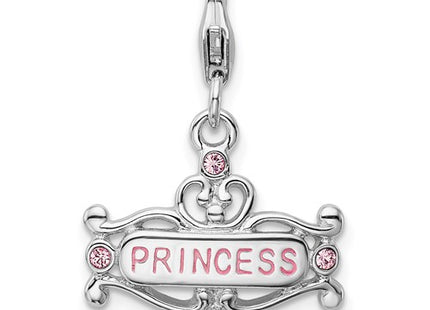 Amore La Vita Sterling Silver Rhodium-plated Polished Pink CZ Enameled PRINCESS Charm with Fancy Lobster Clasp