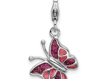Amore La Vita Sterling Silver Rhodium-plated Polished Pink and White Enameled Butterfly Charm with Fancy Lobster Clasp