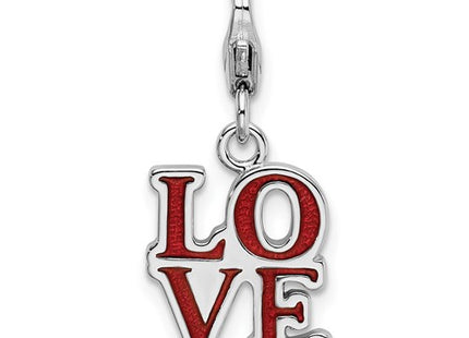 Amore La Vita Sterling Silver Rhodium-plated Polished Red Enameled LOVE Charm with Fancy Lobster Clasp