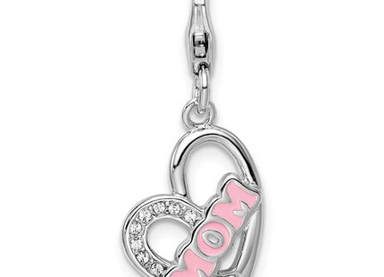 Amore La Vita Sterling Silver Rhodium-plated Polished Enameled with Crystal MOM Heart Charm with Fancy Lobster Clasp
