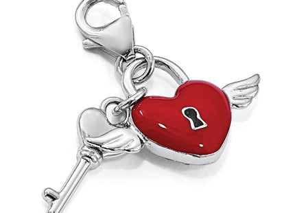 Amore La Vita Sterling Silver Rhodium-plated Polished Reversible Red Enameled Winged Heart and Key with Crystal Charm wi