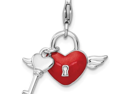 Amore La Vita Sterling Silver Rhodium-plated Polished Reversible Red Enameled Winged Heart and Key with Crystal Charm with Fancy Lobster Clasp