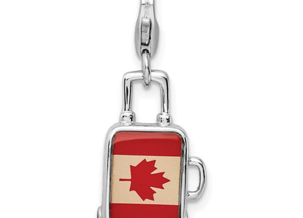 Amore La Vita Sterling Silver Rhodium-plated Polished 3-D Enameled Canadian Flag Suitcase Charm with Fancy Lobster Clasp