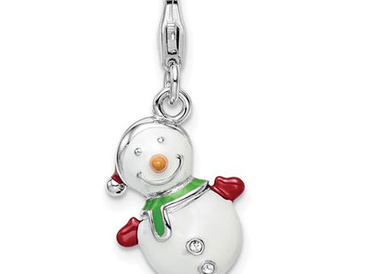 Amore La Vita Sterling Silver Rhodium-plated Polished 3-D Enameled with Crystal Snowman Lobster Clasp Charm