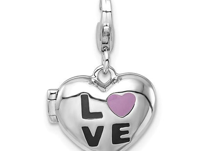 Amore La Vita Sterling Silver Rhodium-plated Polished 3-D Enameled CZ LOVE Heart Locket Charm with Fancy Lobster Clasp