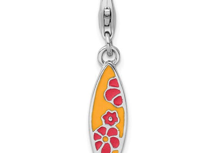Amore La Vita Sterling Silver Rhodium-plated Polished Enameled Surf Board with Flowers Lobster Clasp Charm