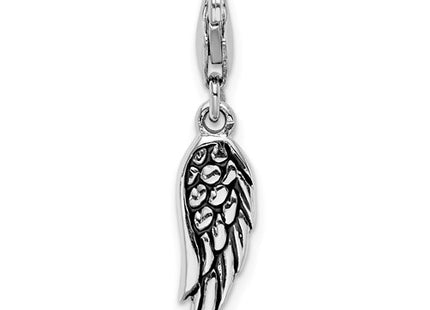 Amore La Vita Sterling Silver Rhodium-plated Polished 3-D Oxidized Wing Charm with Fancy Lobster Clasp