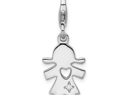 Amore La Vita Sterling Silver Rhodium-plated Polished CZ Little Girl with Cut-out Heart Charm with Fancy Lobster Clasp
