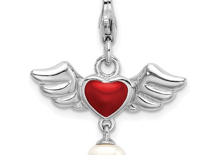 Amore La Vita Sterling Silver Rhodium-plated Polished 3-D Winged Enameled Red Heart and Freshwater Cultured Pearl Dangle Charm with Fancy Lobster Clasp