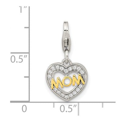 Amore La Vita Sterling Silver Rhodium-plated Gold-plated Polished CZ MOM Heart Charm with Fancy Lobster Clasp