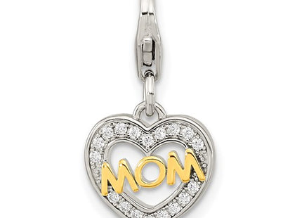 Amore La Vita Sterling Silver Rhodium-plated Gold-plated Polished CZ MOM Heart Charm with Fancy Lobster Clasp