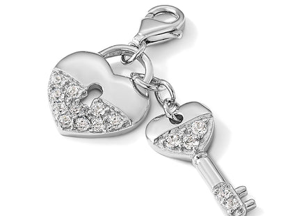 Amore La Vita Sterling Silver Rhodium-plated Polished CZ Heart and Key Charm with Fancy Lobster Clasp