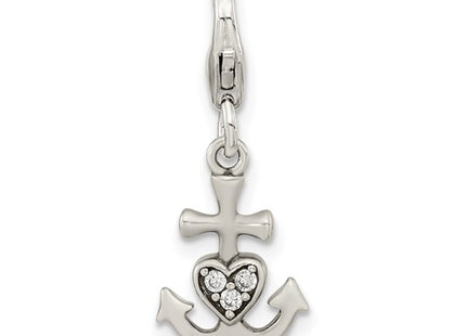 Amore La Vita Sterling Silver Rhodium-plated Polished Antiqued CZ Anchor with Heart Charm with Fancy Lobster Clasp